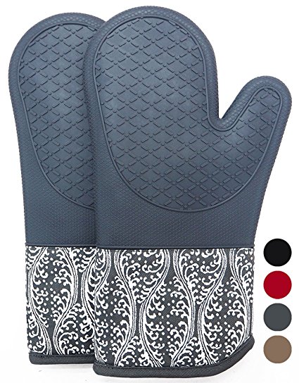 DETA HOME Heat Resistant Silicone Oven Mitts With Quilted Cotton Lining, 1 Pair Non - Slip Extra long Oven Gloves for BBQ, Cooking, Baking, Grilling, Barbecue, Mimicrowave, Machine Washable (Gray)