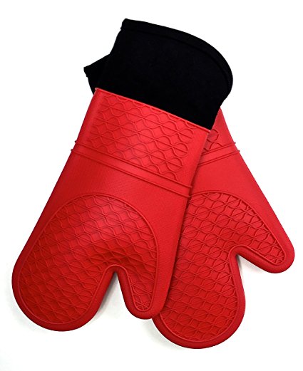 Tip-Top Kitchenware Silicone Oven Mitt, Extra Long with Quilted Cotton Lining, 1 Pair (Set of 2) (Red)